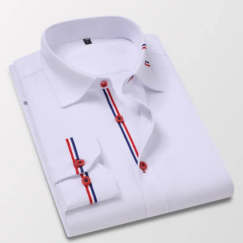 Men's Long Sleeve Oxford Striped Casual Shirt Front Patch Regular-fit Button Down Collar Dress Shirts Camisetas Men Clothing