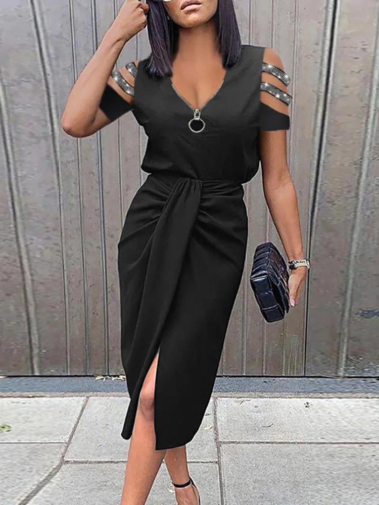 Women Elegant Zipper V Neck Solid Party Dress 2023 Spring Summer Short Hollow Out Sleeve Sexy Draped Dress Female Slim Mid Dress