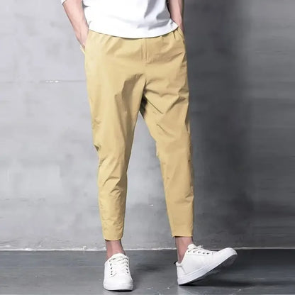 Summer Casual Men's Straight-leg Cropped Pants Ice Silk Elastic Small Foot Trendy Sports Korean Style Youth Pants