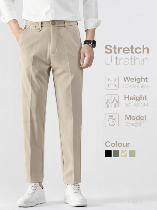 Brand Clothing Autumn Men's Ankle-Length Suit Pants Business Straight Elastic Waist Grey Office Work Formal Trousers Male