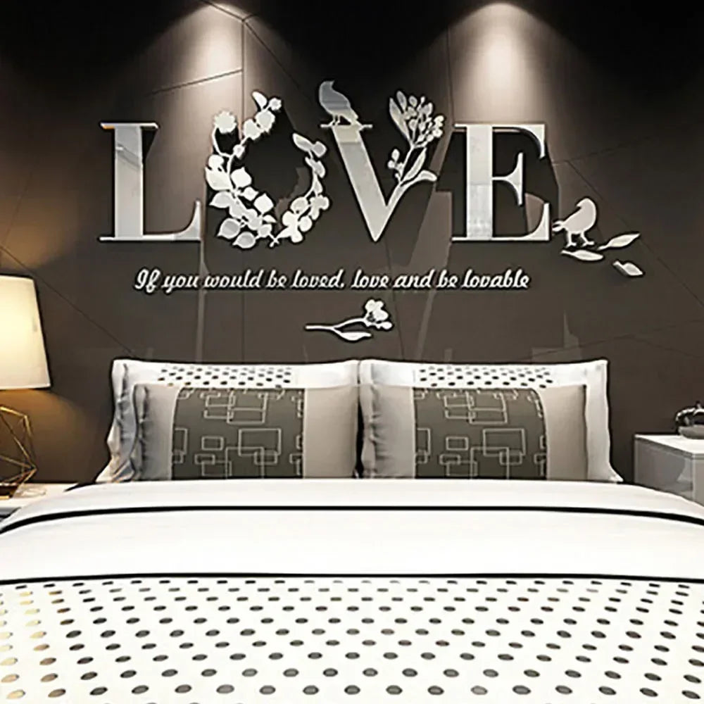 Love 3D Mirror Wall Stickers Acrylic Pink Purple TV Background Bedroom Bedside Stickers Wedding Room Home Decoration