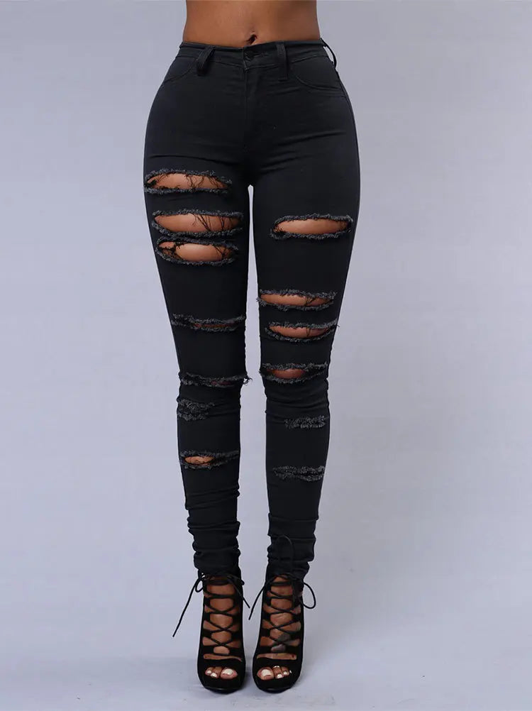 New Spring Summer Elastic Trousers Black and White Ripped Jeans Fashion Sexy Skinny Denim Pencil Pants S-3XL Drop Shipping