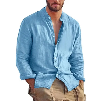 New Men's Solid Color Long Sleeve Shirt Linen Cotton Shirts Trend Plus-size Stand Collar Casual Lightweight Beach Shirts for Men