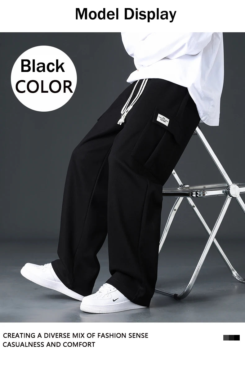 Mens Sweatpants Straight Fit Joggers for Sports and Streetwear Loose Oversized Drawstring Long Pants Men Multi-pocket Pants