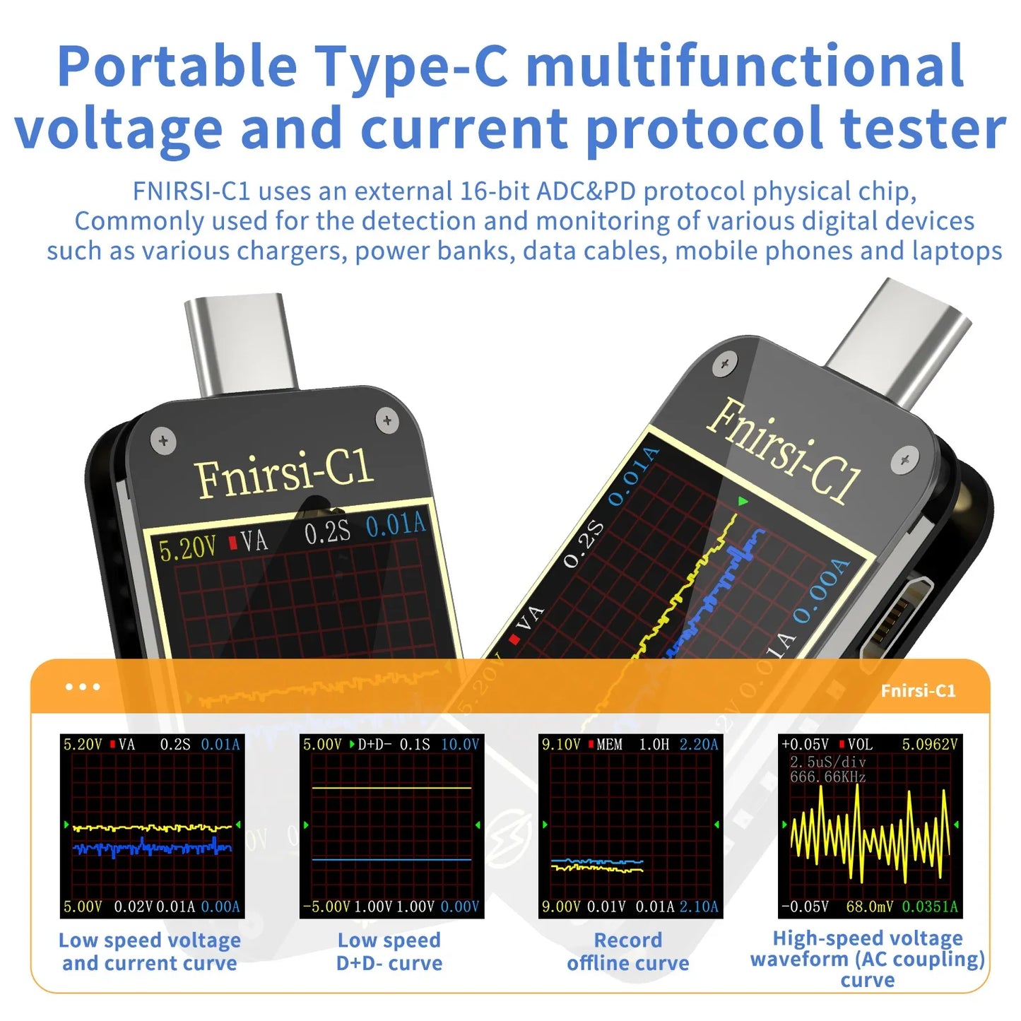 FNIRSI-C1 USB Tester Voltmeter Ammeter Type-C PD Trigger Fast Charging Test Type-C Meter Power Bank tester With PC Software