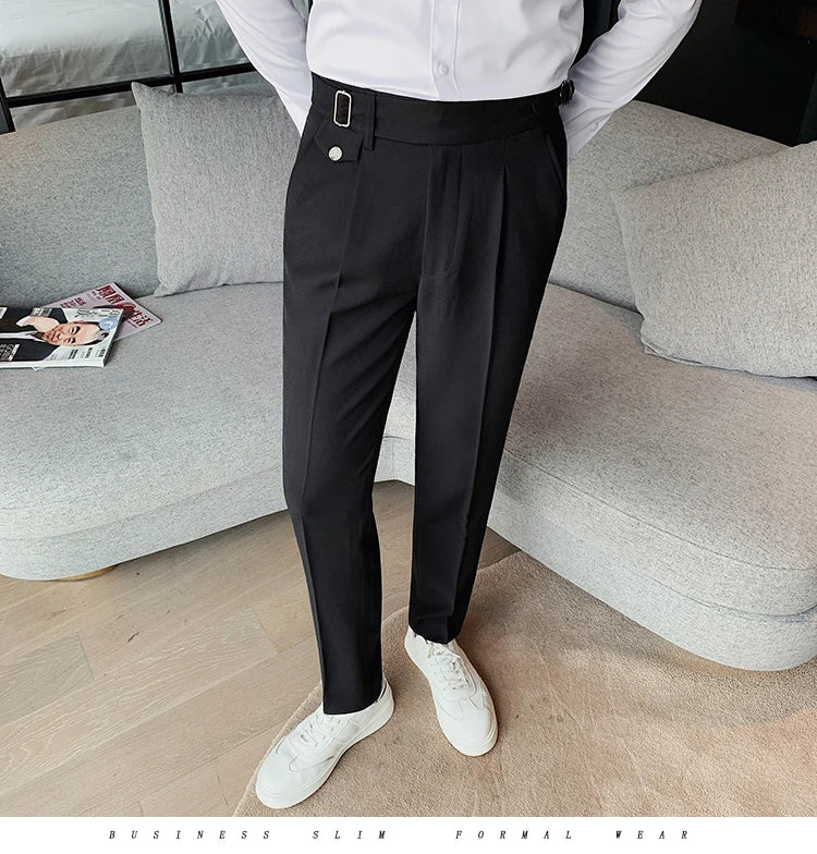 British Style New Solid High Waist Suit Pant Men Business Formal Wear Trousers 2024 High Quality Slim Casual Office Suit Pants