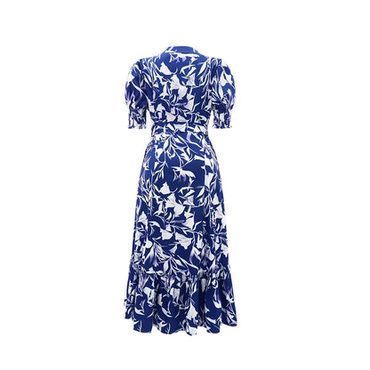 Women Floral Print Long Dress Summer Casual  Turn-down Collar Half Sleeve Loose Big Swing Dress Female Vintage  Beach Maxi Dress