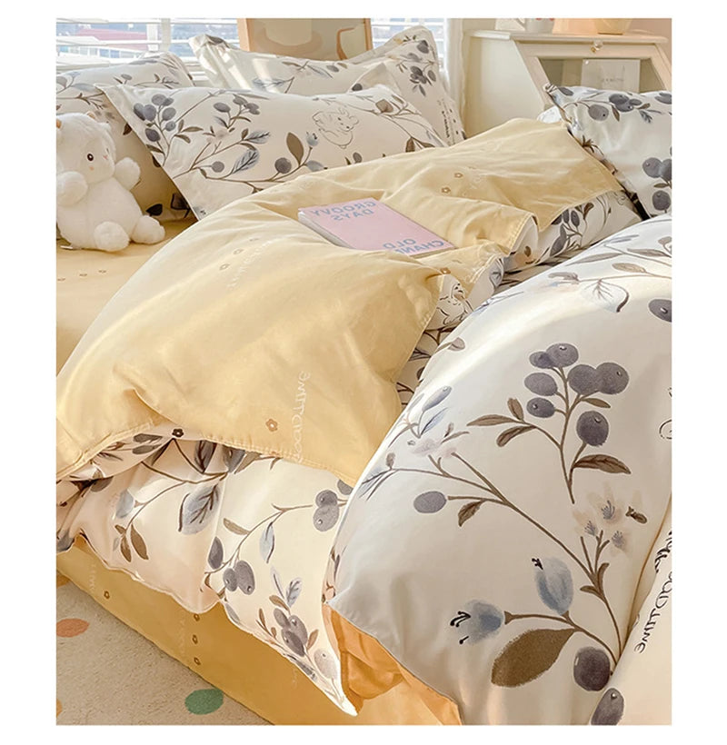 Cute Home Comforter Bedding Sets Washed Cotton Duvet Cover Flat Bed Sheet Set Twin Full Queen King Size Bed For Girls Couple