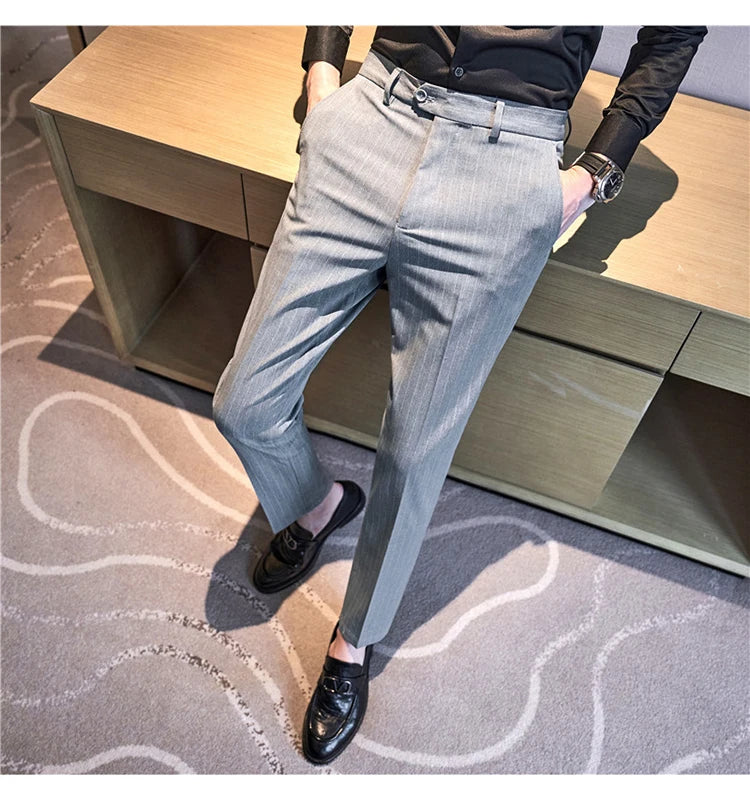 Autumn Winter Thickened Striped Suit Pant Men Business Slim Fit Long Pants Formal Office Social Party Casual Pants Streetwear