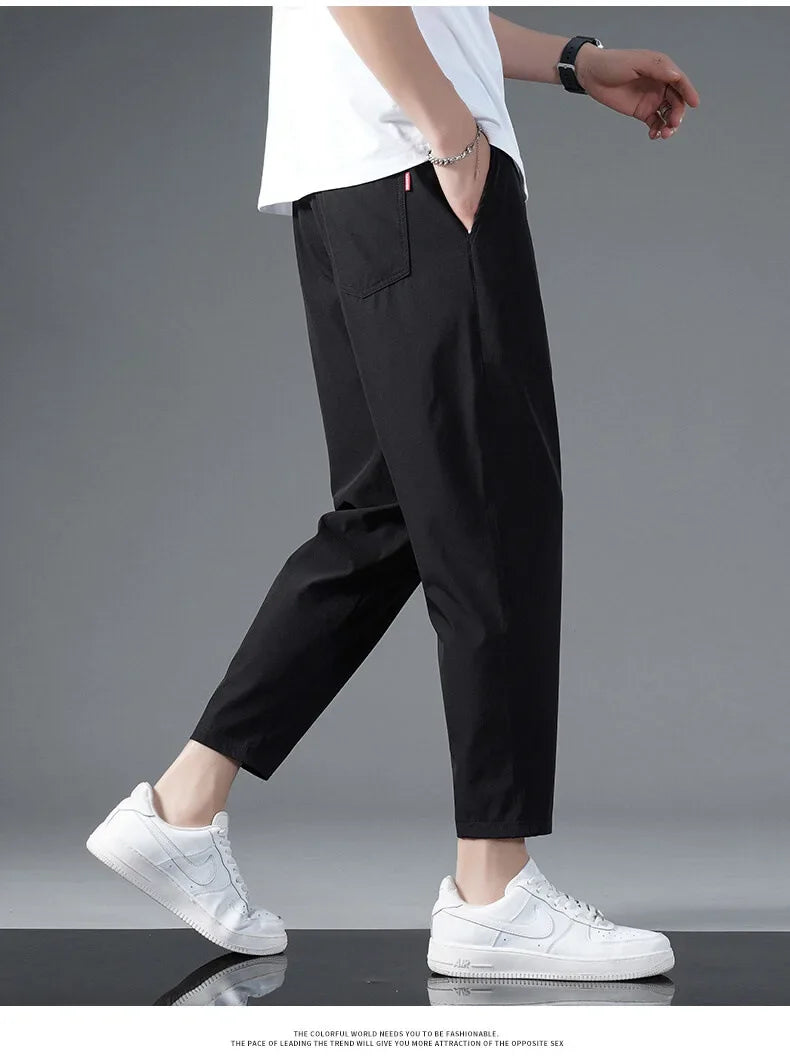 125KG Big Size Summer Ice Silk Crop Pants Men's Elastic Casual Edition Trendy Loose and Quick Drying Sports Large Crop Pants