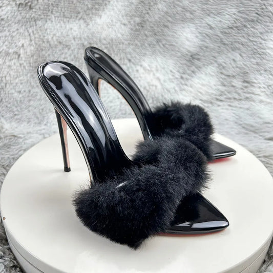 New Pointed Black fur Sole High Heel Shoes for Women with a Distinctive Style Wearing Ultra High Heel Half Slippers Externally