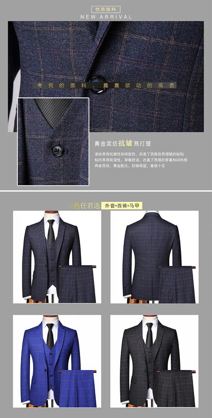 2025 New Men's Three-pieces Fashion Plaid Slim Business Party Formal Elegant Blazer Sets (Jacket+Pants+Vest) Prom Wedding Groom