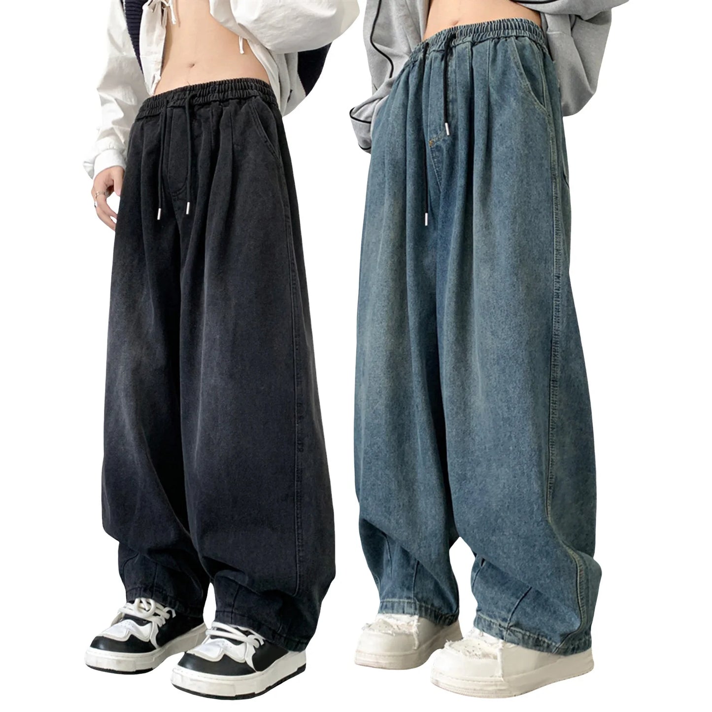 1Pc Trendy Oversize Jeans Zipper Fly/Drawstring Dressing Up Brushed Pants Thin Baggy Jeans Retro Wide Leg Man Pants Men Clothing