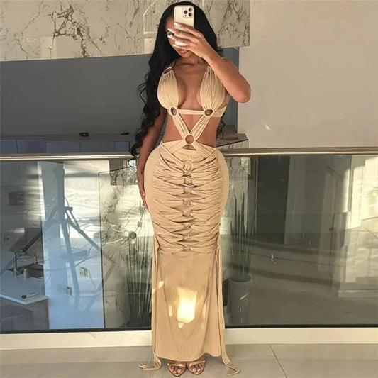 Sexy Hollow Out Backless Bandage Maxi Dress Chic Y2K Backless Sleeveless Stretch Robe Luxury Beach Party Bodycon Evening Dress