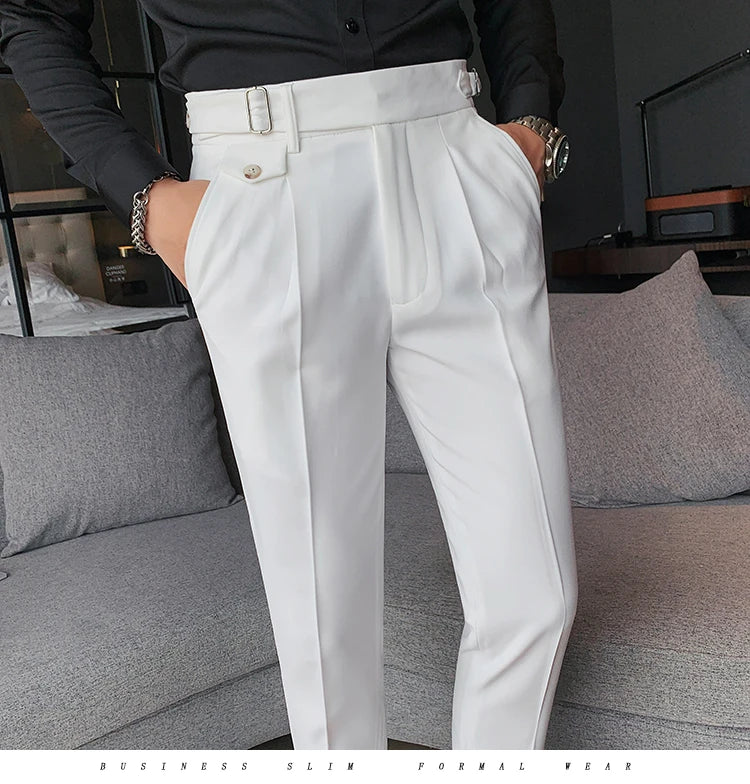 British Style New Solid High Waist Suit Pant Men Business Formal Wear Trousers 2024 High Quality Slim Casual Office Suit Pants