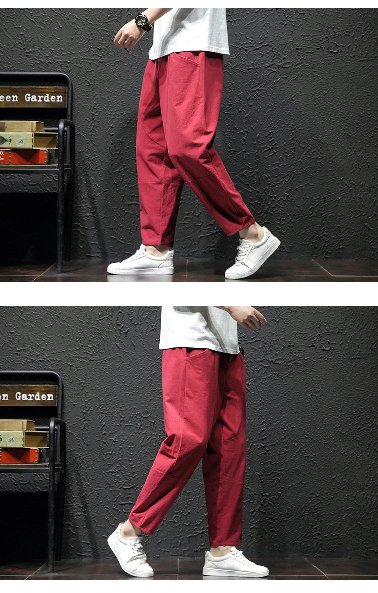 100% Cotton Ankle Length Pants Summer Casual Pants Man Trendy Japanese Loose Pants Men