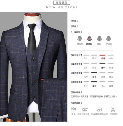 2025 New Men's Three-pieces Fashion Plaid Slim Business Party Formal Elegant Blazer Sets (Jacket+Pants+Vest) Prom Wedding Groom