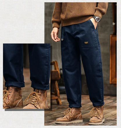 HIQOR Mens Clothing Spring Autumn Cargo Pants Man Cotton Casual Loose Trouser Belt Mid Waist Joggers Male Straight Baggy Pants