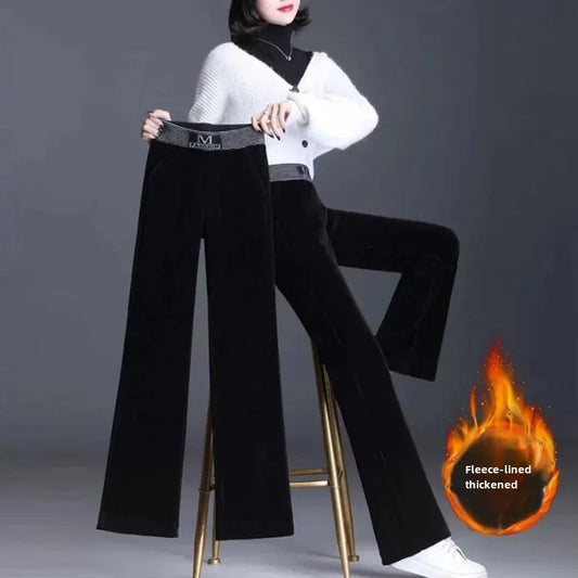 High-Waisted Slimming Straight-Leg Fleece-Lined Thickened Pants Women's High-End Feel Elastic Waist Black Trousers Autumn Winter