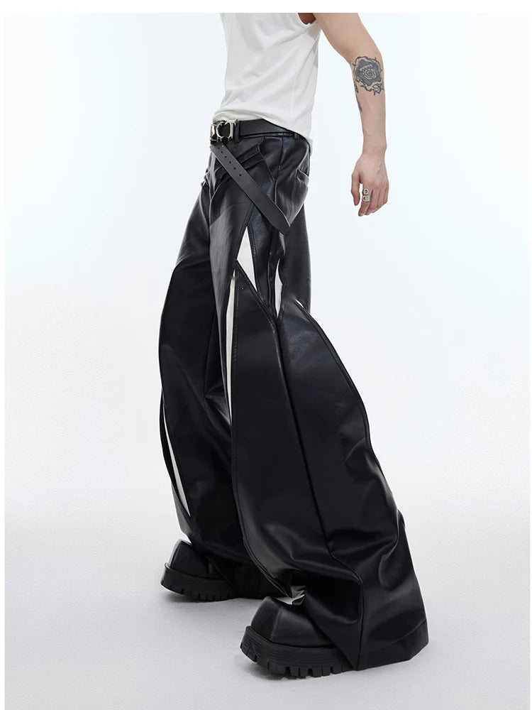 Mauroicardi Spring Autumn Cool Long Loose Casual White and Black Patchwork Pu Leather Pants Men Wide Leg Trousers Fashions 2024