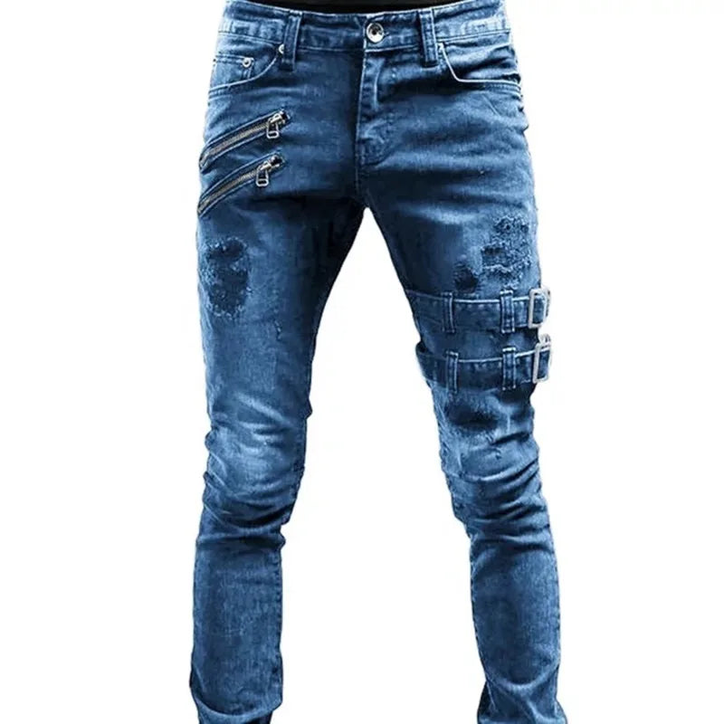 Men's Elastic Tight Jeans Fashionable And Casual Cool Pencil Pant Denim Slim Fit Pants Wear Resistant Zipper Male Trousers