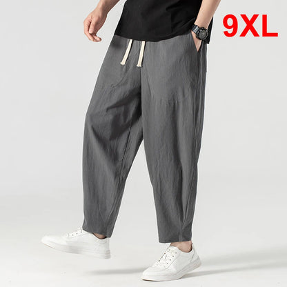 Linen Pants Men Baggy Pants Plus Size 9XL Summer Ankle-length Pants Male Solid Color Bottom Big Size 9XL