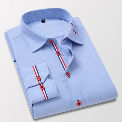 Men's Long Sleeve Oxford Striped Casual Shirt Front Patch Regular-fit Button Down Collar Dress Shirts Camisetas Men Clothing