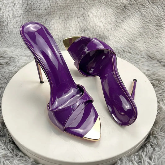 PurplePatent leather Fish mouth Pointed Toe Dress Pumps Stilettos Clear Slip-on Modern Slippers Shallow Evening Party Shoes 12cm