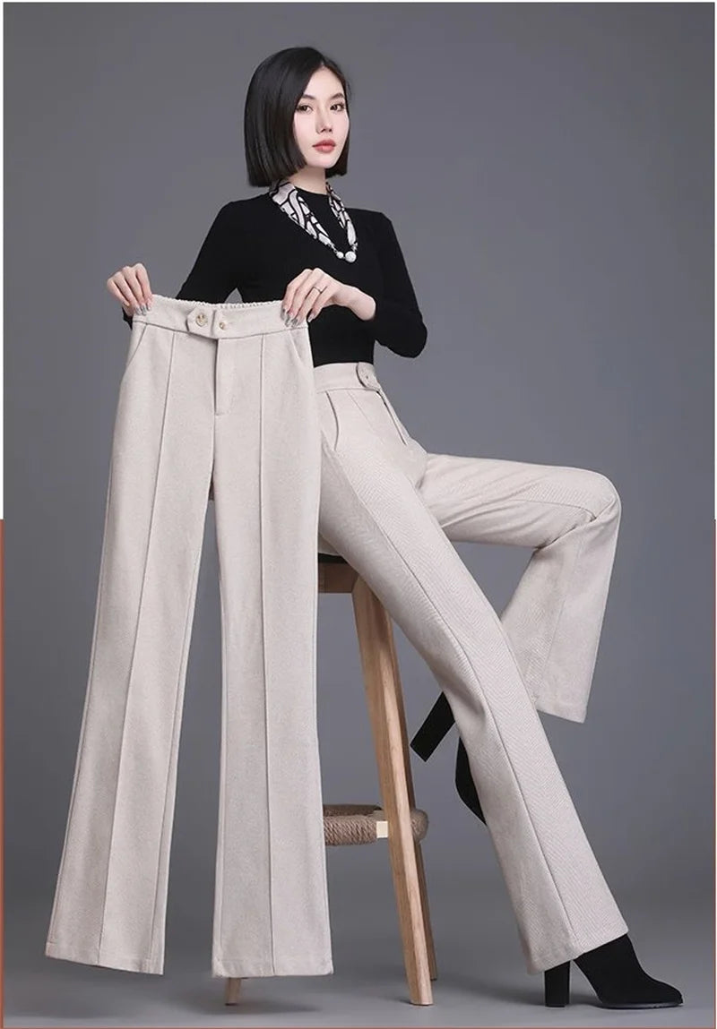 2024 Autumn Winter Women's Woolen Pants New Fashion High Waist Elastic Micro Flare Pants Slim Female Casual Wool Trousers 4XL