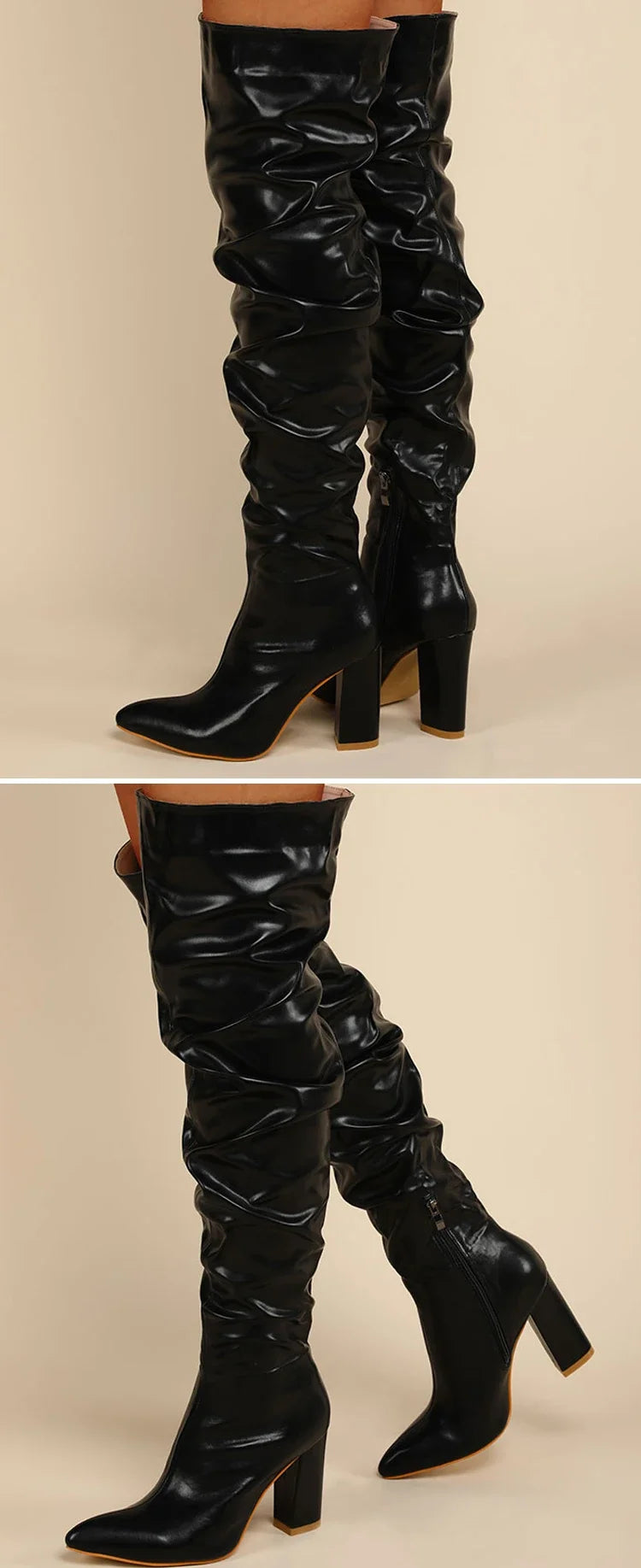 Winter Women Over-the-Knee Boots Punk Style Square High Heel Zipper Shoes Pleated Pointed Toe Ladies Long Booties