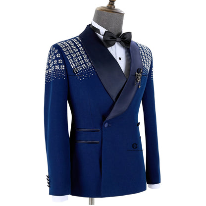 Cenne Des Graoom 2024 Blue Elegant Men's Suits Double-Breasted Jewelry Ornament Handmade Tuxedo Pants for Wedding Groom Party