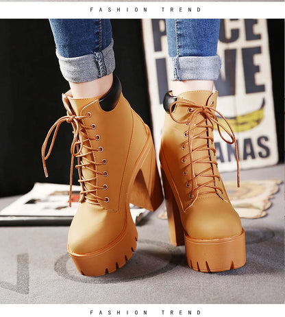 14CM Fashion Motorcycle Boots Women Leather Spring Autumn Metal Buckle High Heels Shoes Zipper brown Ankle Boots Woman Lacing