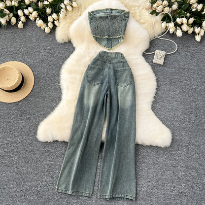 SINGREINY American Hot Girl Denim Suits Strapless Single Tassels Mini Irregular Tops+Holes Long Jeans Female INS Streetwear Sets