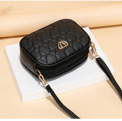 Large Capacity Three Zipper Crossbody Bag, New Fashionable and Simple Diamond Shaped Wave Embroidered Monochrome Camera Bag