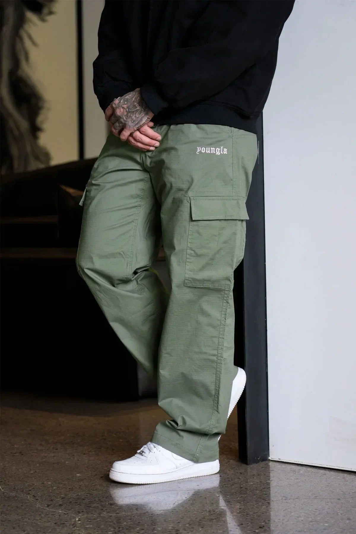 YOUNGLA new large pocket cargo pants men's autumn splicing solid color casual sports loose straight leg pants