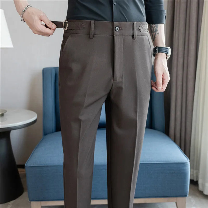 Summer Suit Pants Men Fashion Smart Casual Suit Trousers Slim Fit Wedding Party Formal Dress Mens Solid Color Ankle Length Pants