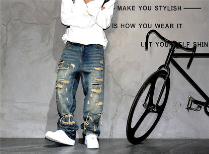 Mens Ripped Baggy Jeans Distressed Denim Streetwear Skateboard Pants Straight Leg Patchwork Oversized Urban Fashion Workwear