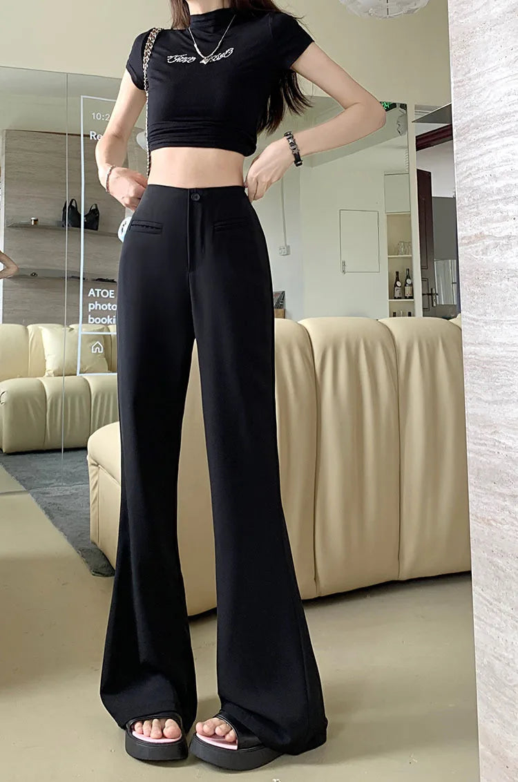 Black Elegant Casual Flare Pants Women Button Korean Style Fashion Long Pants Female High Waist Vintage Designer Pants 2023 New