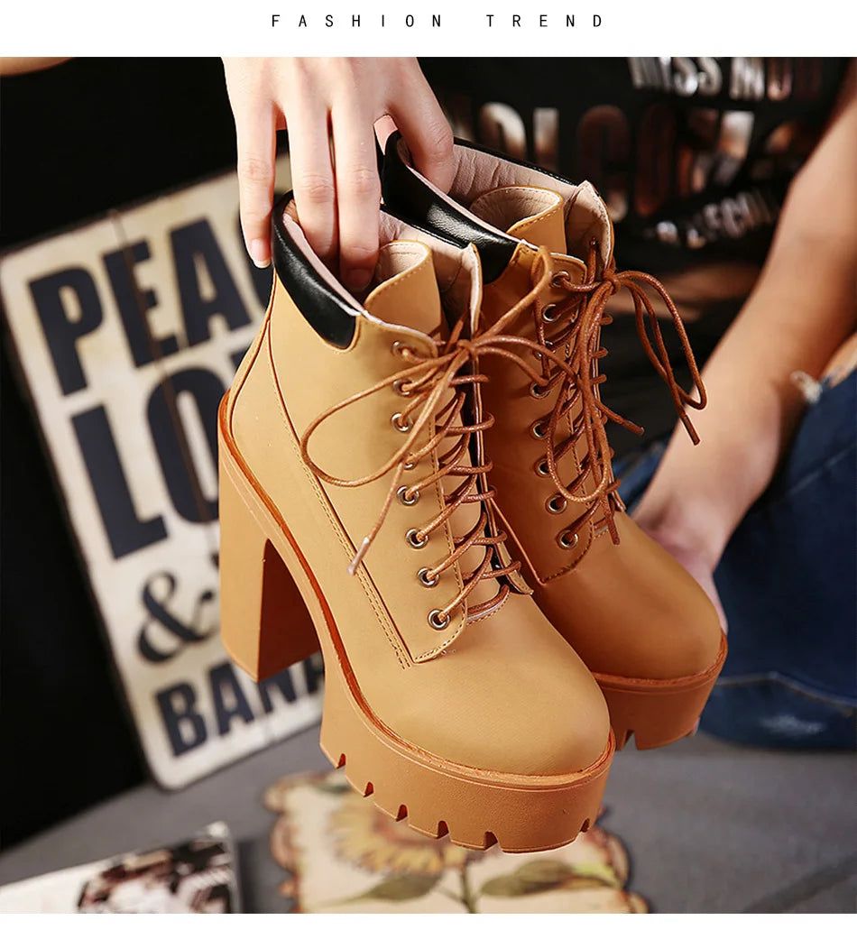 14CM Fashion Motorcycle Boots Women Leather Spring Autumn Metal Buckle High Heels Shoes Zipper brown Ankle Boots Woman Lacing