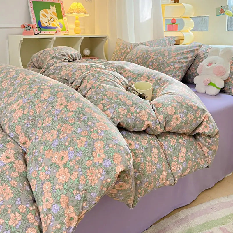 Fresh Botanical Floral Bedding Set Washed Cotton Bed Linens Single Twin Full Size Quilt Cover Sheet Set for Girls Home Textiles