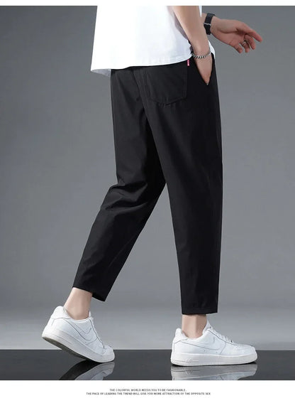 125KG Big Size Summer Ice Silk Crop Pants Men's Elastic Casual Edition Trendy Loose and Quick Drying Sports Large Crop Pants