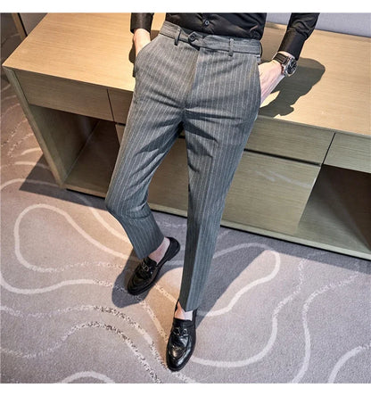 Men Boutique Black Striped Suits Pants Male Formal Wear Wedding Dress Trousers Quality British Style Business Casual Suit Pants