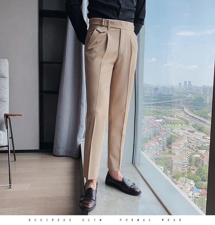 British Style New Solid High Waist Suit Pant Men Business Formal Wear Trousers 2024 High Quality Slim Casual Office Suit Pants