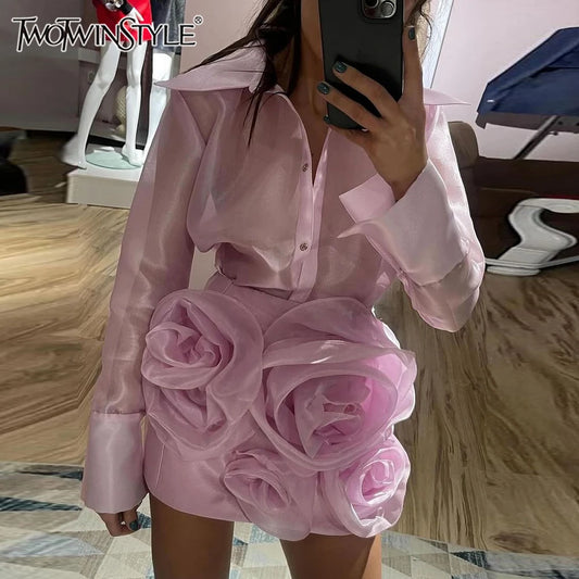 TWOTWINSTYLE Solid Slimming Two Piece Sets For Women Lapel Long Sleeve Shirt High Waist Spliced Appliques Chic Set Female Style