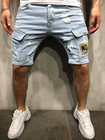 Summer New Men's Stretch Straight Short Jeans Fashion Casual Slim Fit High Quality Elastic Badge Pockets Hole Denim Shorts Male