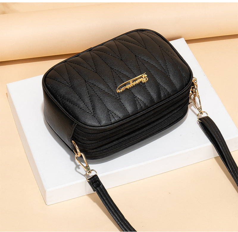 Large Capacity Three Zipper Crossbody Bag, New Fashionable and Simple Diamond Shaped Wave Embroidered Monochrome Camera Bag