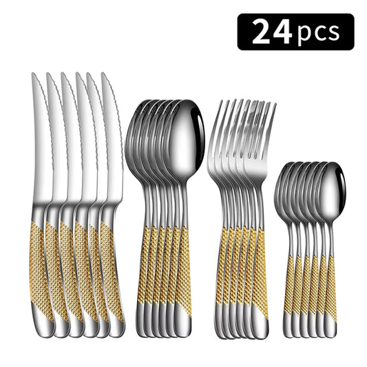 24pcs Stainless steel knife, fork and spoon tableware set, home 6-person dinner tableware, hotel and restaurant available