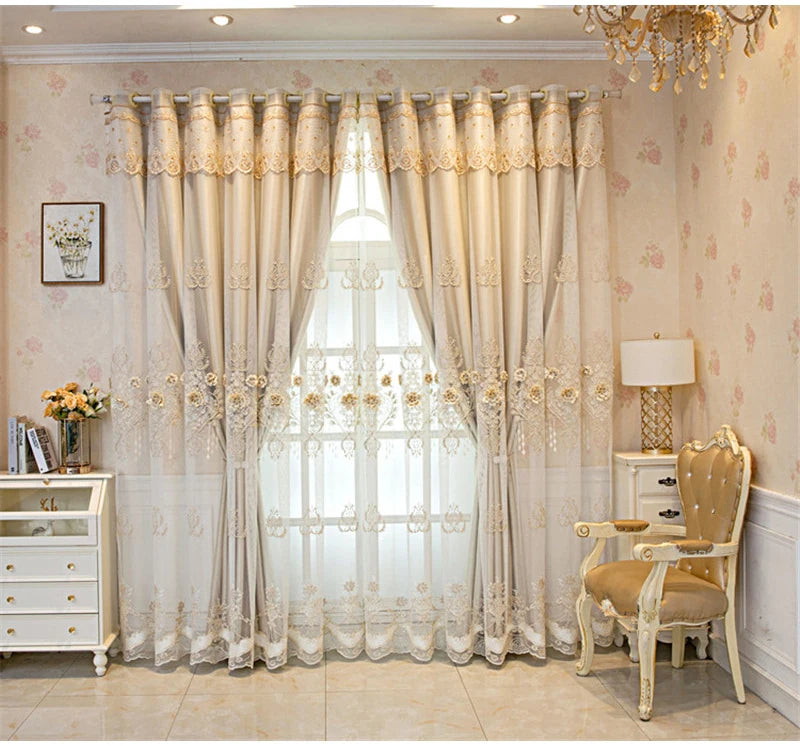 Embossed 3D Embroidered Luxury Double Layer Curtains for Living Room Bedroom Dining Elegant High Shading Coffe Windows Drapes