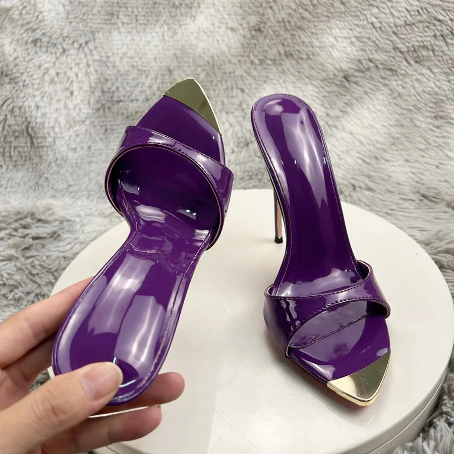 PurplePatent leather Fish mouth Pointed Toe Dress Pumps Stilettos Clear Slip-on Modern Slippers Shallow Evening Party Shoes 12cm