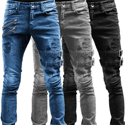 Men's Elastic Tight Jeans Fashionable And Casual Cool Pencil Pant Denim Slim Fit Pants Wear Resistant Zipper Male Trousers